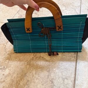 Teal and Black Wooden Handle Clutch